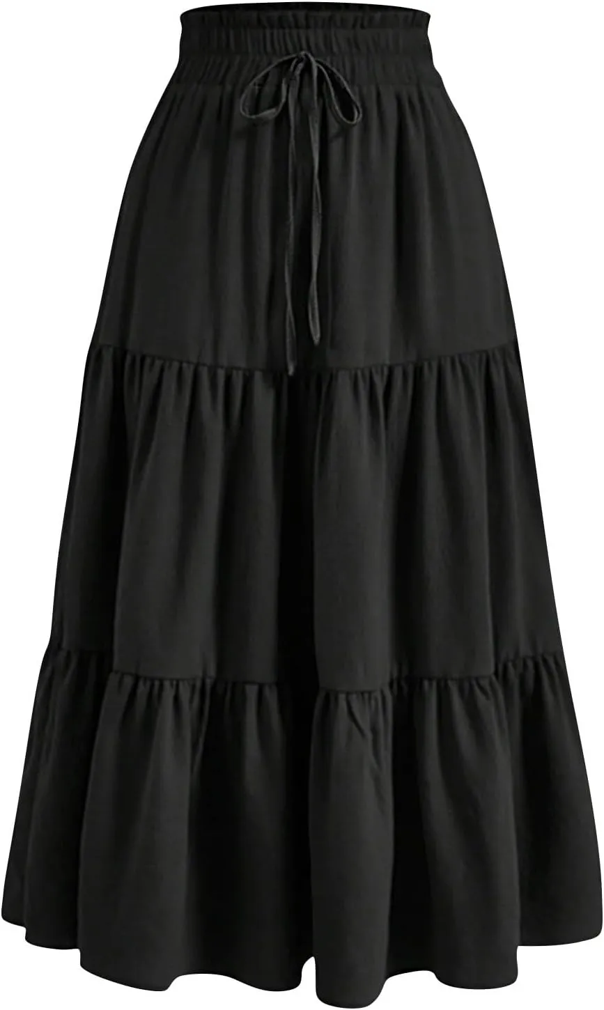 Maxi Skirts for Women 2025 Boho Floral Elastic Waist Tiered Long Skirt Flowy Summer Vacation Aline Beach Skirt