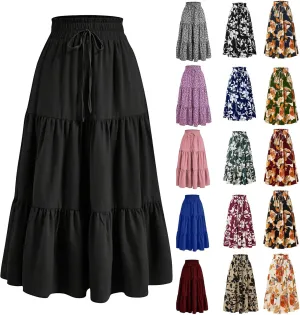 Maxi Skirts for Women 2025 Boho Floral Elastic Waist Tiered Long Skirt Flowy Summer Vacation Aline Beach Skirt