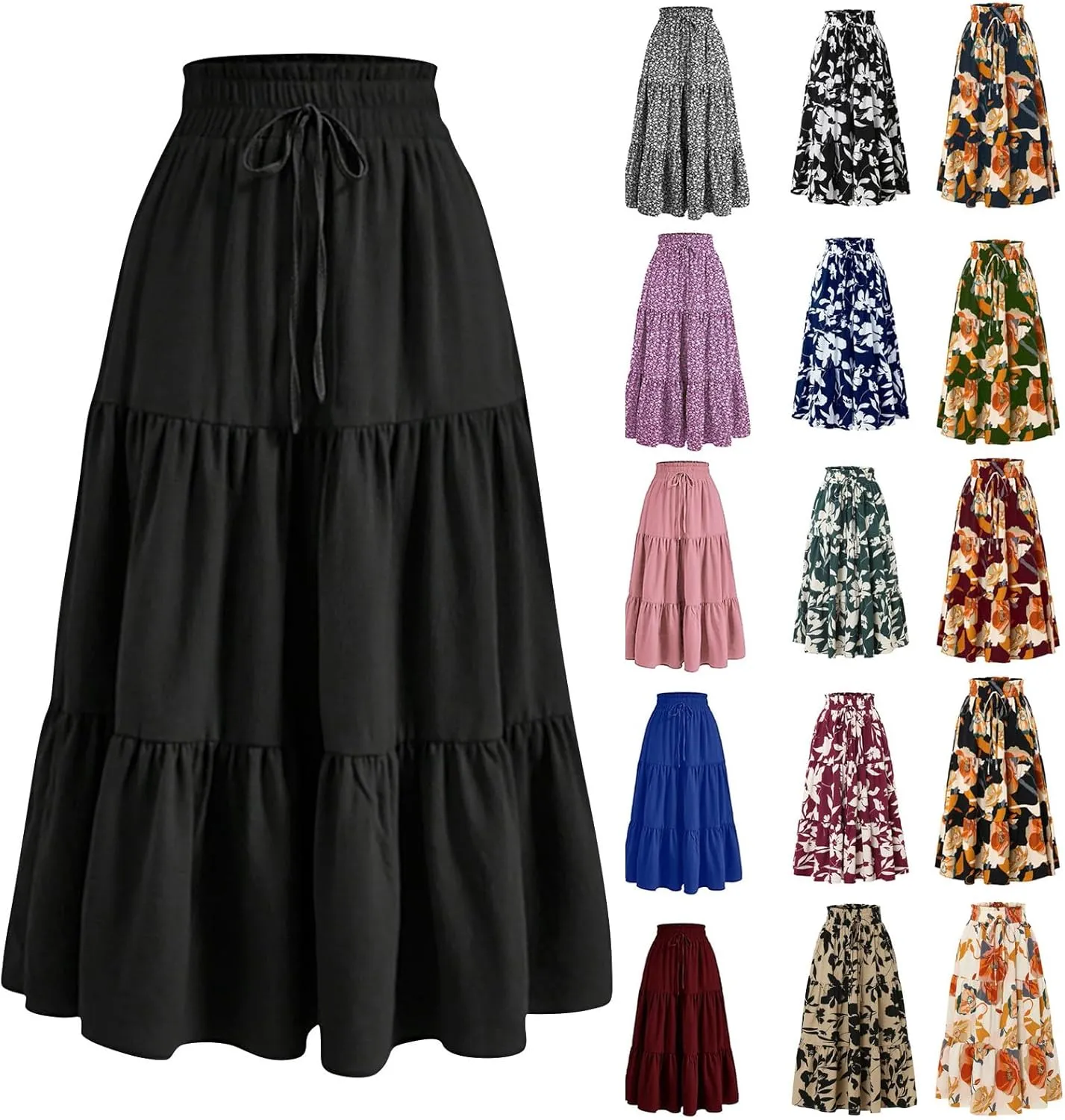 Maxi Skirts for Women 2025 Boho Floral Elastic Waist Tiered Long Skirt Flowy Summer Vacation Aline Beach Skirt