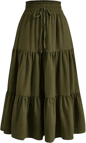 Maxi Skirts for Women 2025 Boho Floral Elastic Waist Tiered Long Skirt Flowy Summer Vacation Aline Beach Skirt