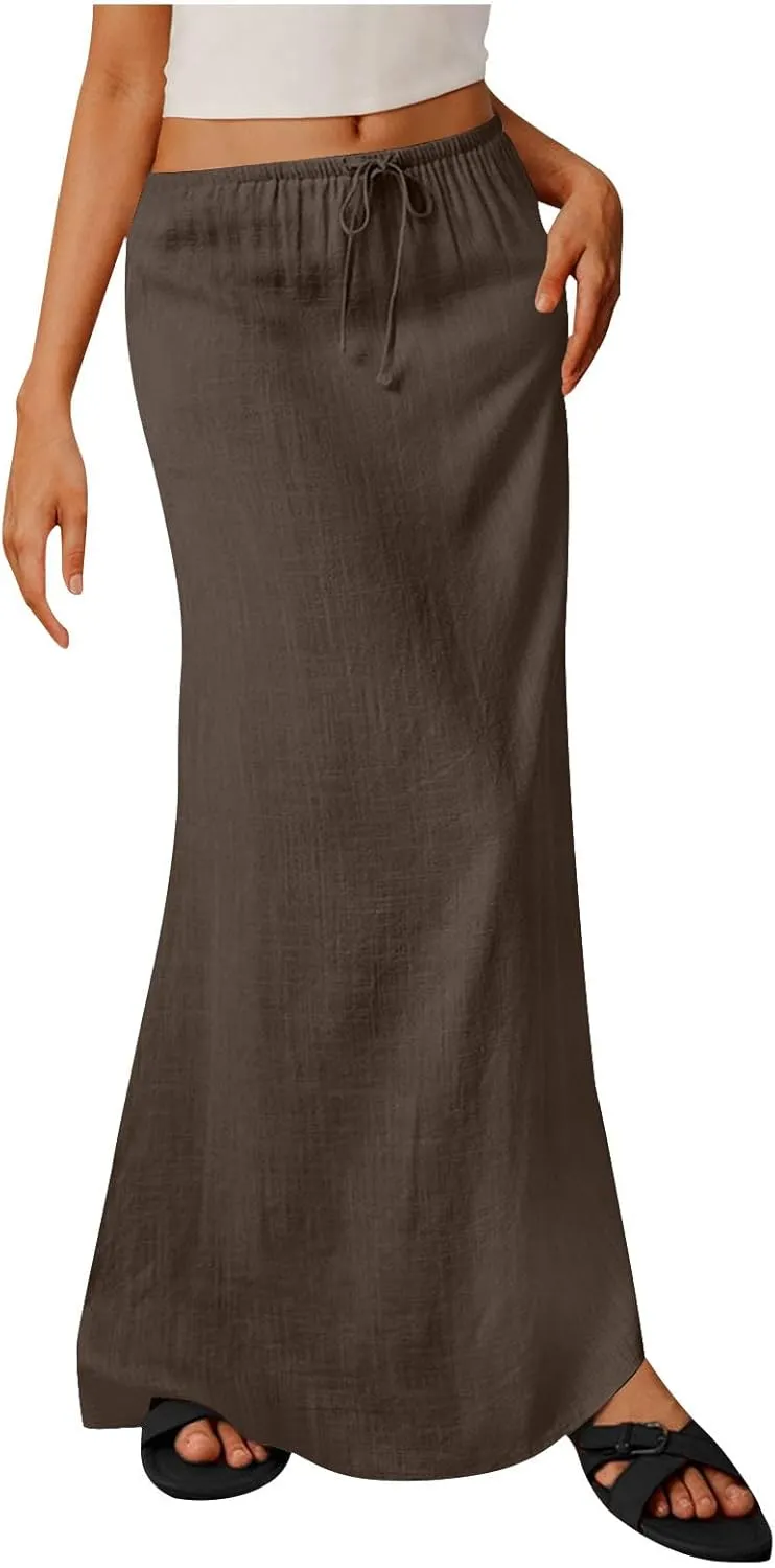 Maxi Skirts for Women Summer Design Cotton Linen Long Skirts Boho Casual Flowy Skirts Drawstring Waist A Line Skirts