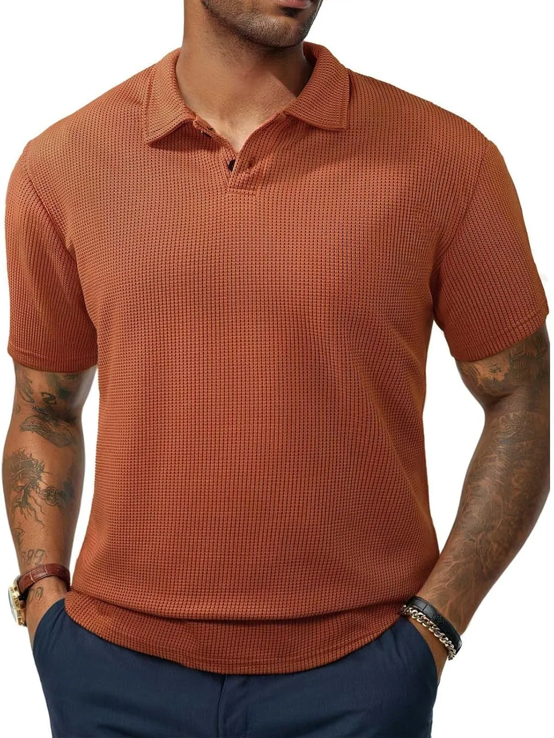 Mens Knitted Polo Shirts 2025 Summer Casual Textured Golf Polos Shirt V Neck Short Sleeve Performance Collared Shirts