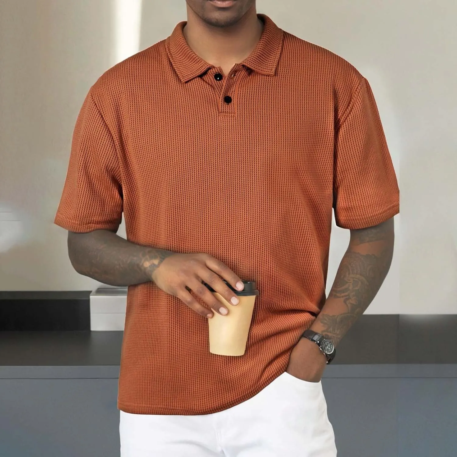 Mens Knitted Polo Shirts 2025 Summer Casual Textured Golf Polos Shirt V Neck Short Sleeve Performance Collared Shirts