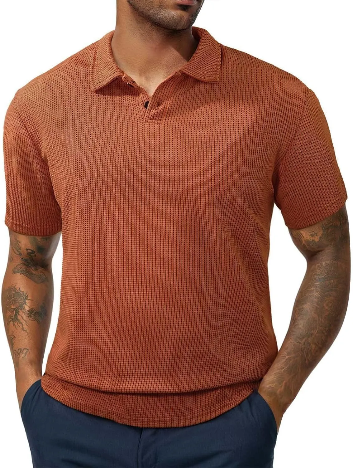 Mens Knitted Polo Shirts 2025 Summer Casual Textured Golf Polos Shirt V Neck Short Sleeve Performance Collared Shirts