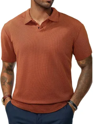 Mens Knitted Polo Shirts 2025 Summer Casual Textured Golf Polos Shirt V Neck Short Sleeve Performance Collared Shirts