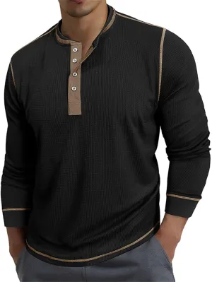 Men's Long Sleeve Waffle Henley Shirts Fashion Vintage Color Block Plaid Button T-Shirt Lightweight Pullover Shirt