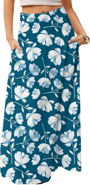 Midi Skirts for Women Summer High Waisted Pleated A-Line Swing Floral Long with Pockets