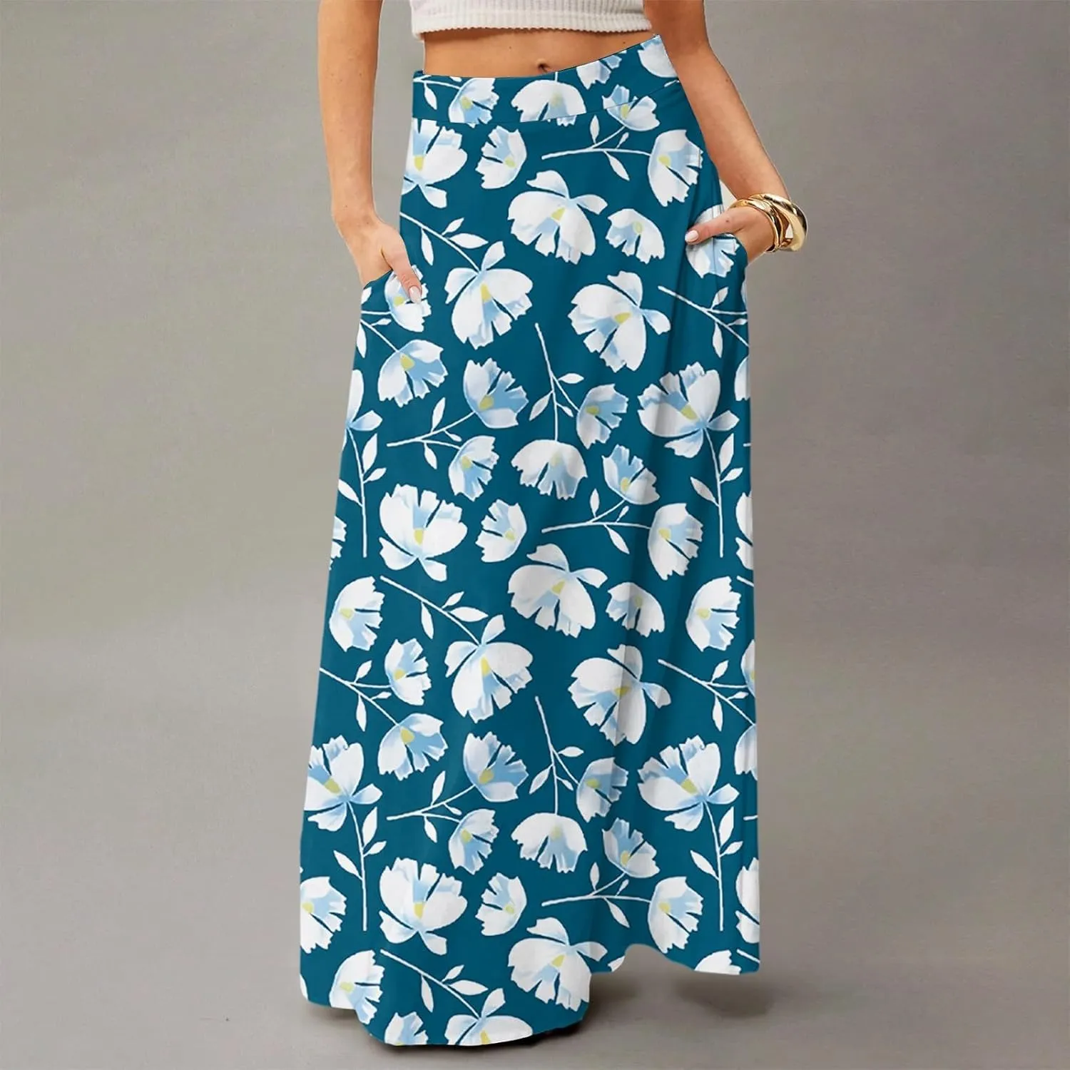 Midi Skirts for Women Summer High Waisted Pleated A-Line Swing Floral Long with Pockets
