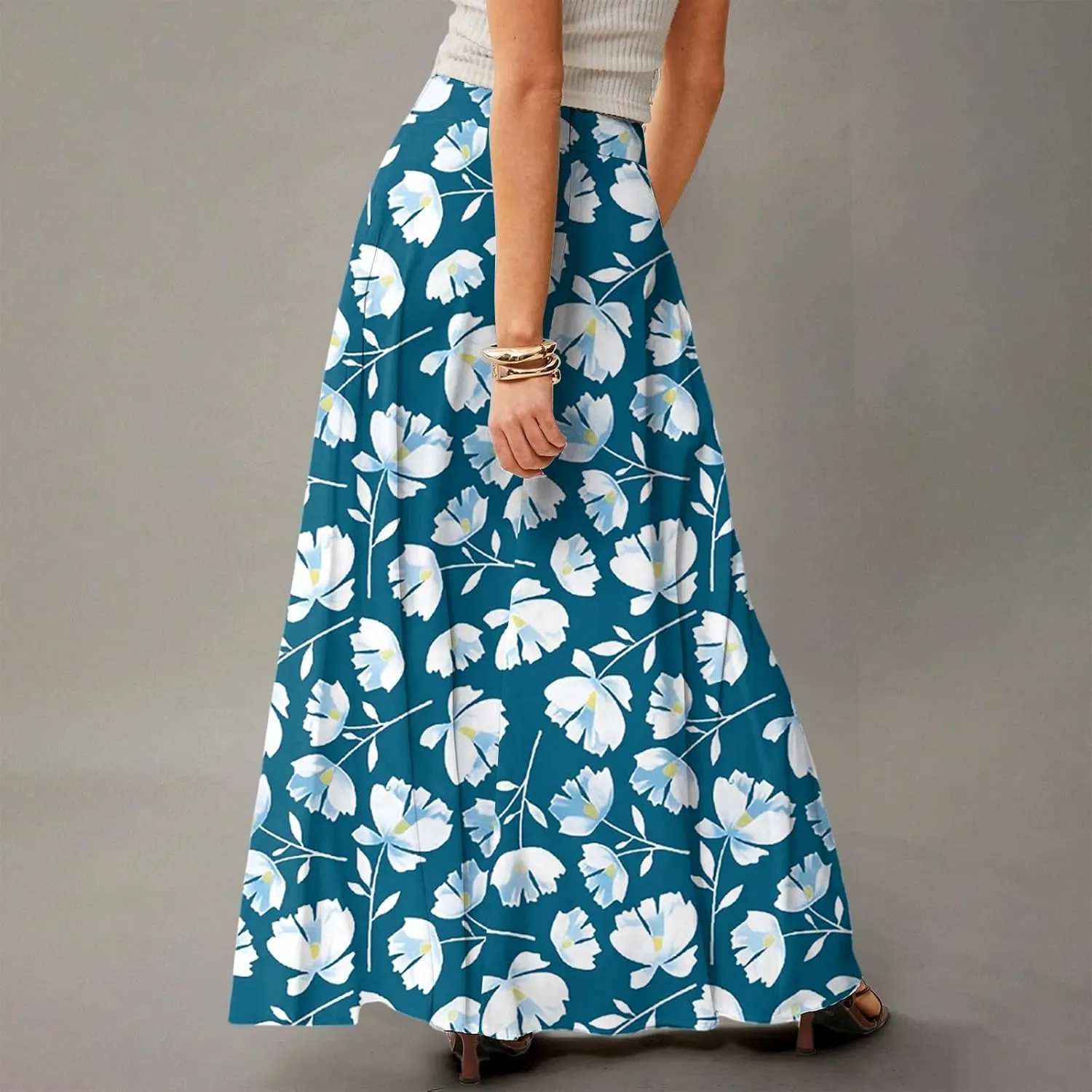 Midi Skirts for Women Summer High Waisted Pleated A-Line Swing Floral Long with Pockets