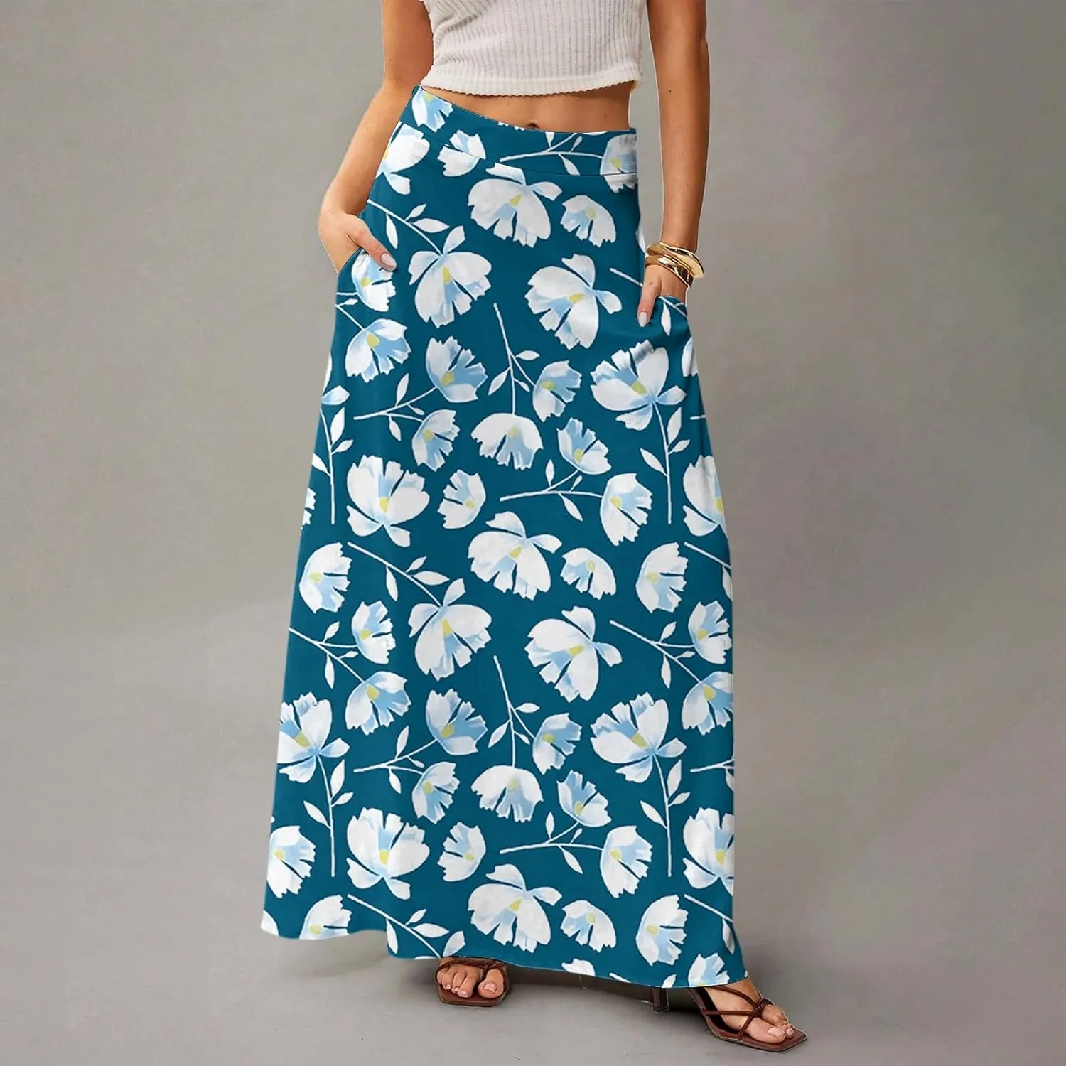 Midi Skirts for Women Summer High Waisted Pleated A-Line Swing Floral Long with Pockets