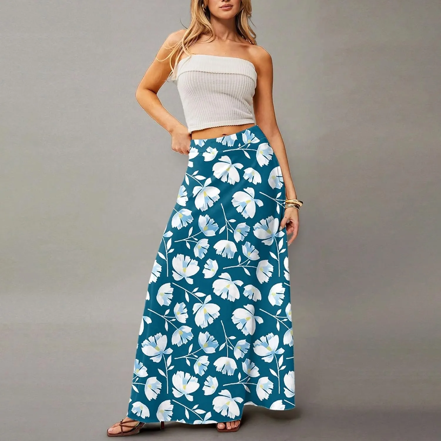 Midi Skirts for Women Summer High Waisted Pleated A-Line Swing Floral Long with Pockets