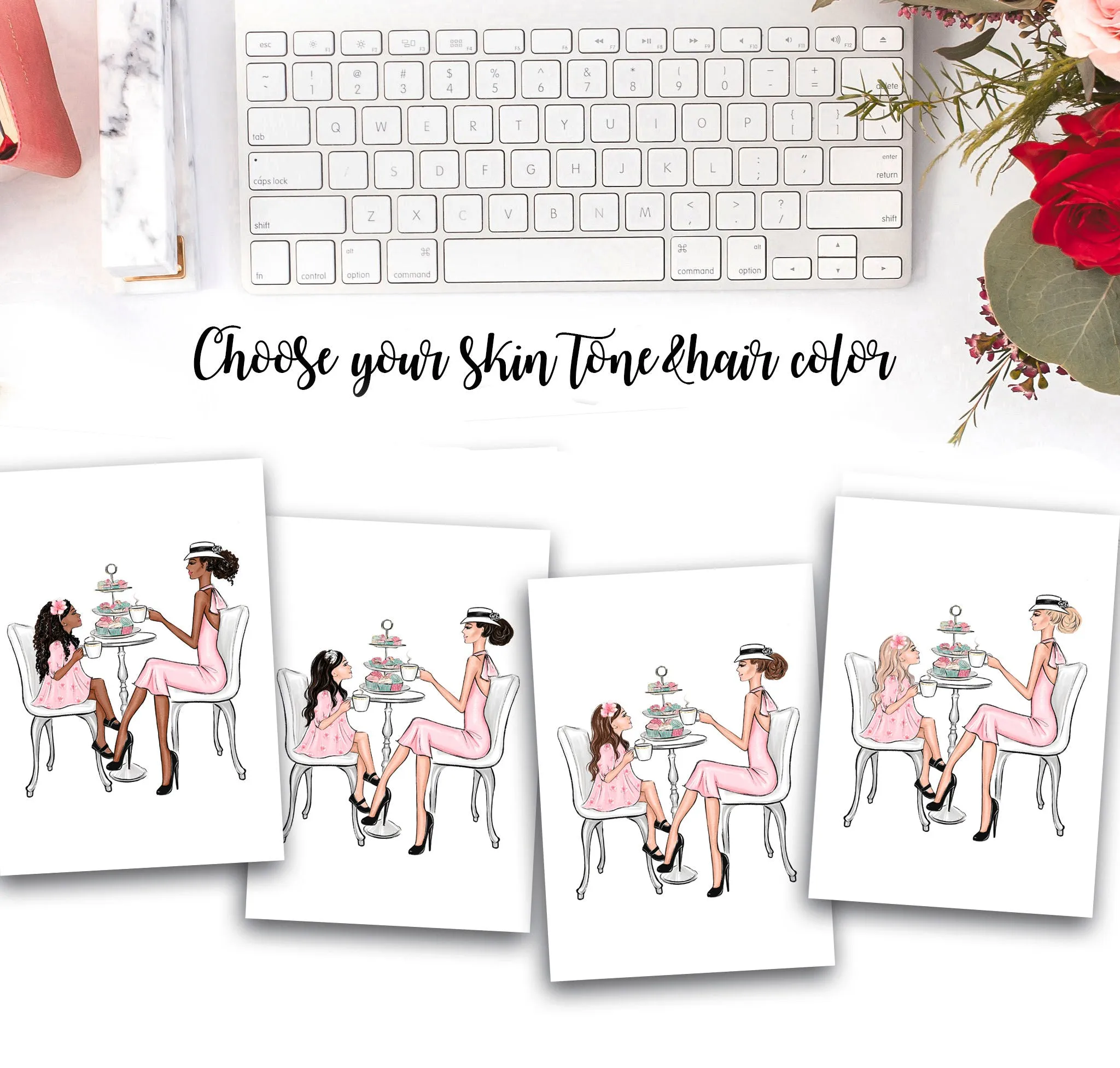 Mother and Daughter high tea art print fashion illustration