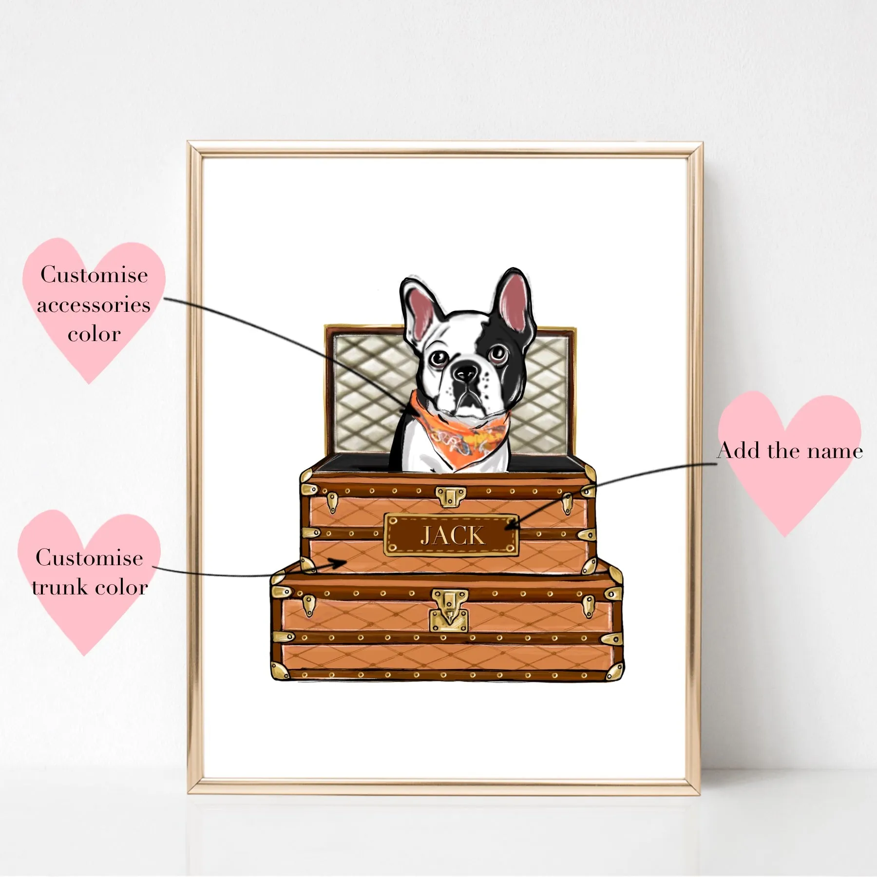 Personalized French Bulldog portrait, Frenchie fashion art print