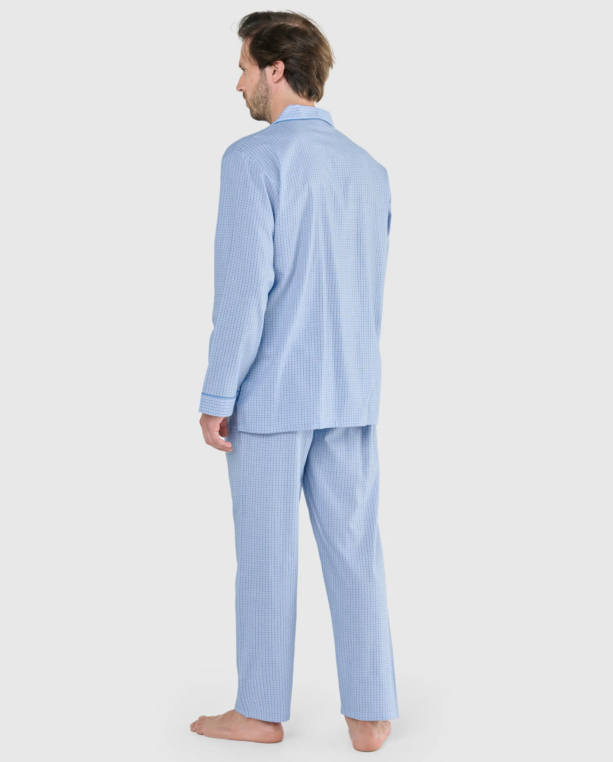 Pijama Hombre Largo Solapa Algodón Popelín Cuadros - Celeste 2988_30