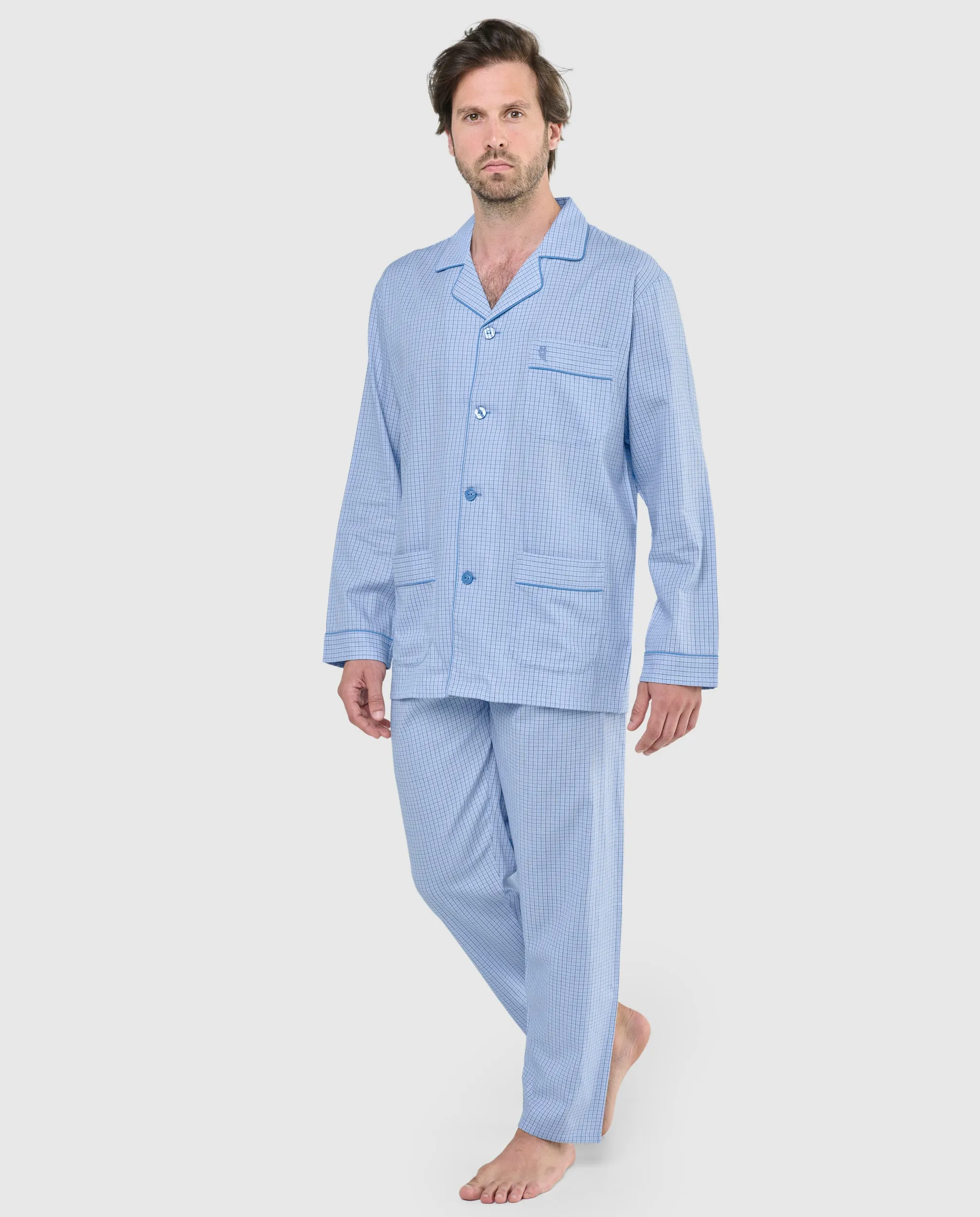 Pijama Hombre Largo Solapa Algodón Popelín Cuadros - Celeste 2988_30