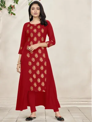 Red Foil Print Side Panel Flared Kurti