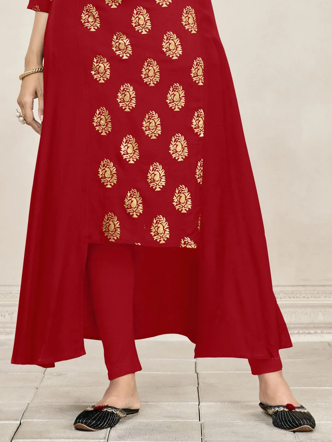 Red Foil Print Side Panel Flared Kurti