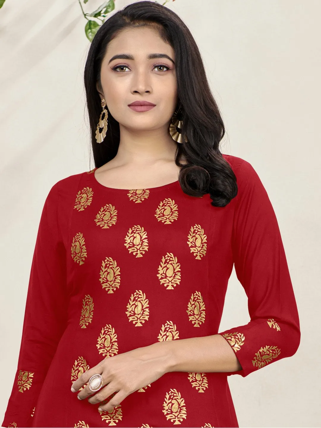 Red Foil Print Side Panel Flared Kurti