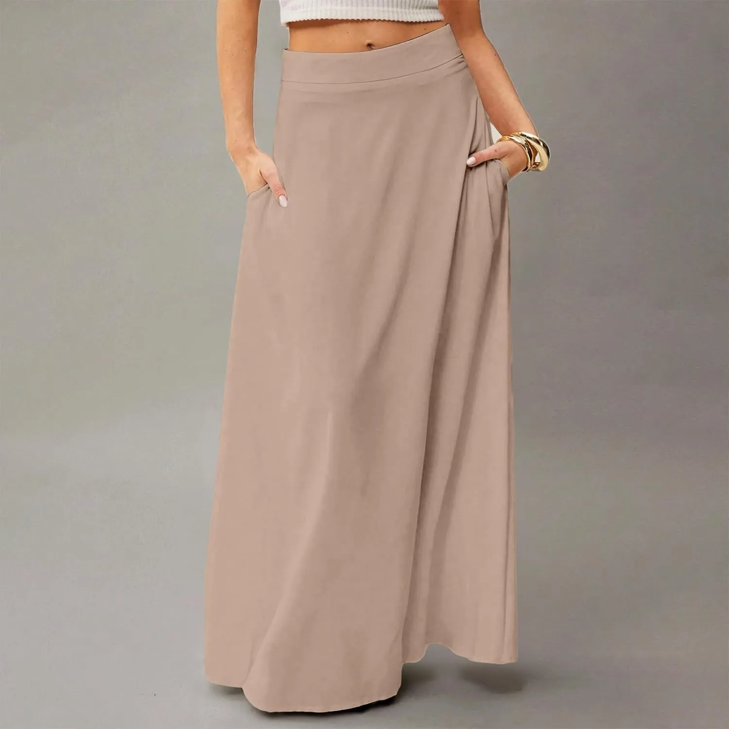 Skirts for Women Midi Length High Waisted Pleated A-Line Summer Swing Long Work Office with Pockets