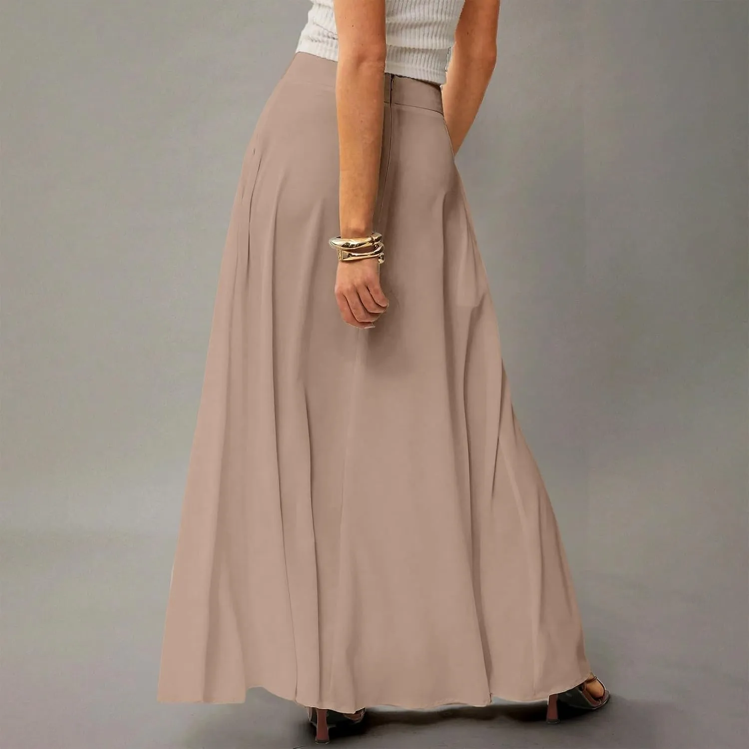 Skirts for Women Midi Length High Waisted Pleated A-Line Summer Swing Long Work Office with Pockets