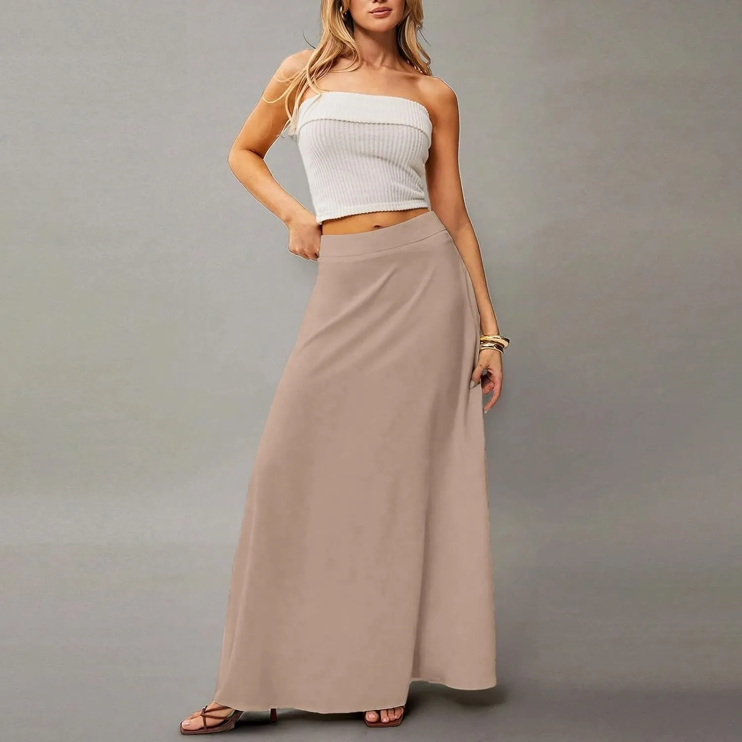 Skirts for Women Midi Length High Waisted Pleated A-Line Summer Swing Long Work Office with Pockets