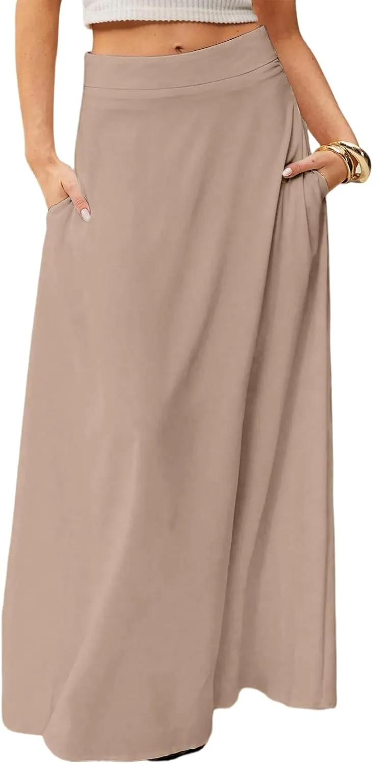 Skirts for Women Midi Length High Waisted Pleated A-Line Summer Swing Long Work Office with Pockets