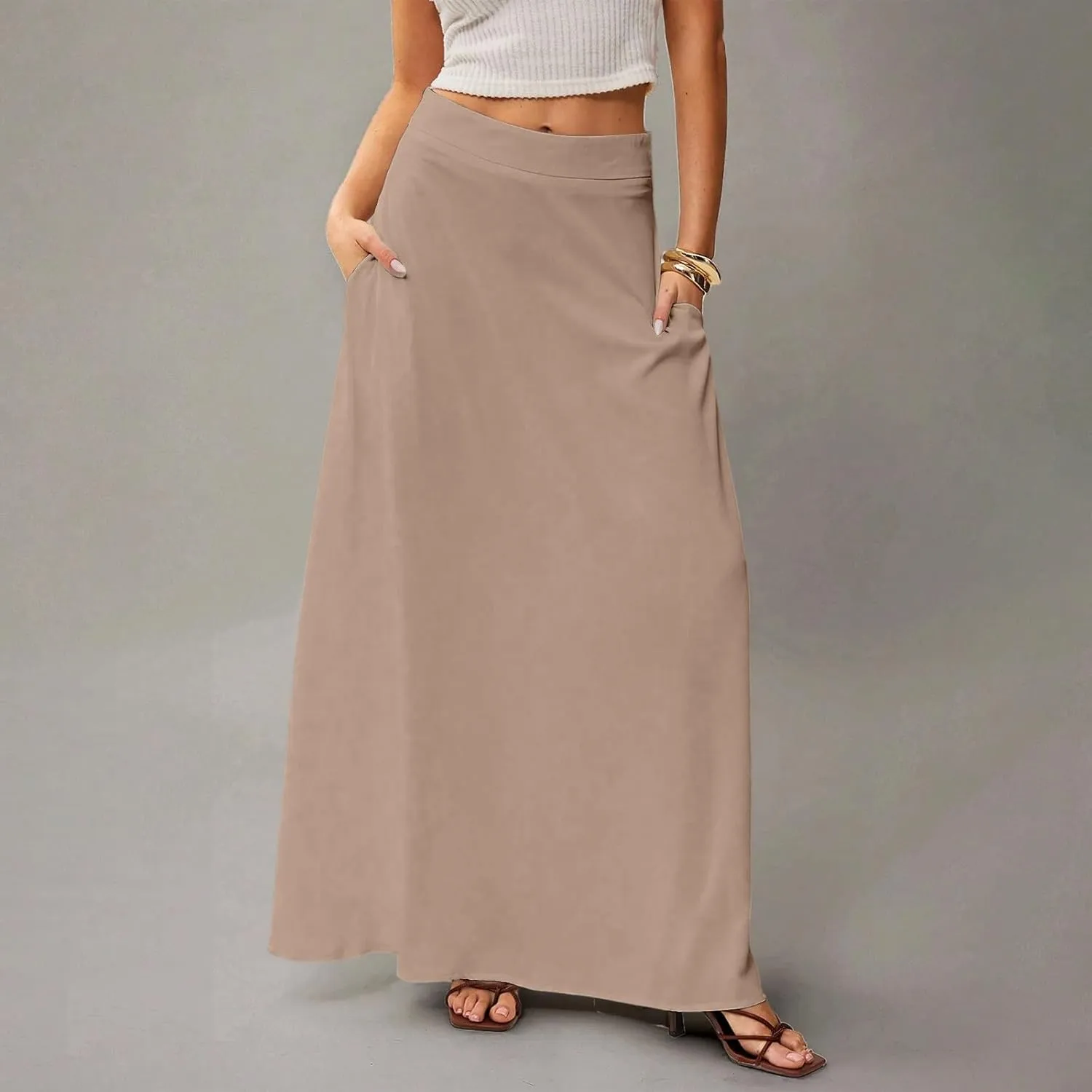 Skirts for Women Midi Length High Waisted Pleated A-Line Summer Swing Long Work Office with Pockets