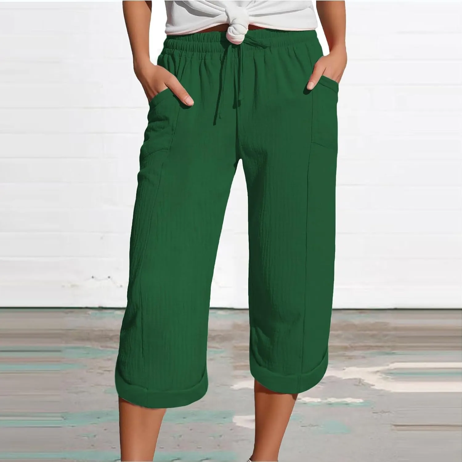 Summer Capris for Women Cotton Linen Pants Casual Loose Comfy Trendy Beach Clothes Elastic Waist Cropped Trousers