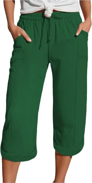 Summer Capris for Women Cotton Linen Pants Casual Loose Comfy Trendy Beach Clothes Elastic Waist Cropped Trousers