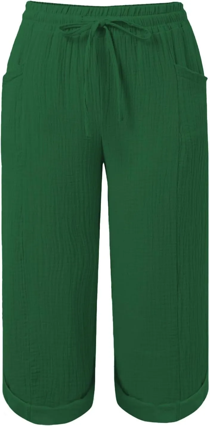 Summer Capris for Women Cotton Linen Pants Casual Loose Comfy Trendy Beach Clothes Elastic Waist Cropped Trousers