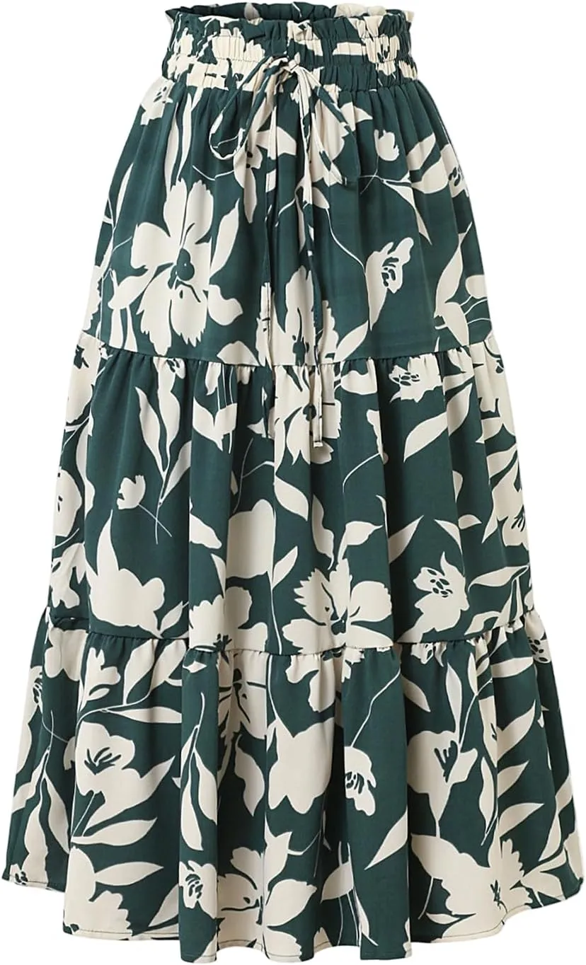 Summer Skirts for Women 2025 Vacation Boho Floral Tiered Maxi Skirt Drawstring High Waisted Flowy Ruffle A Line Skirt