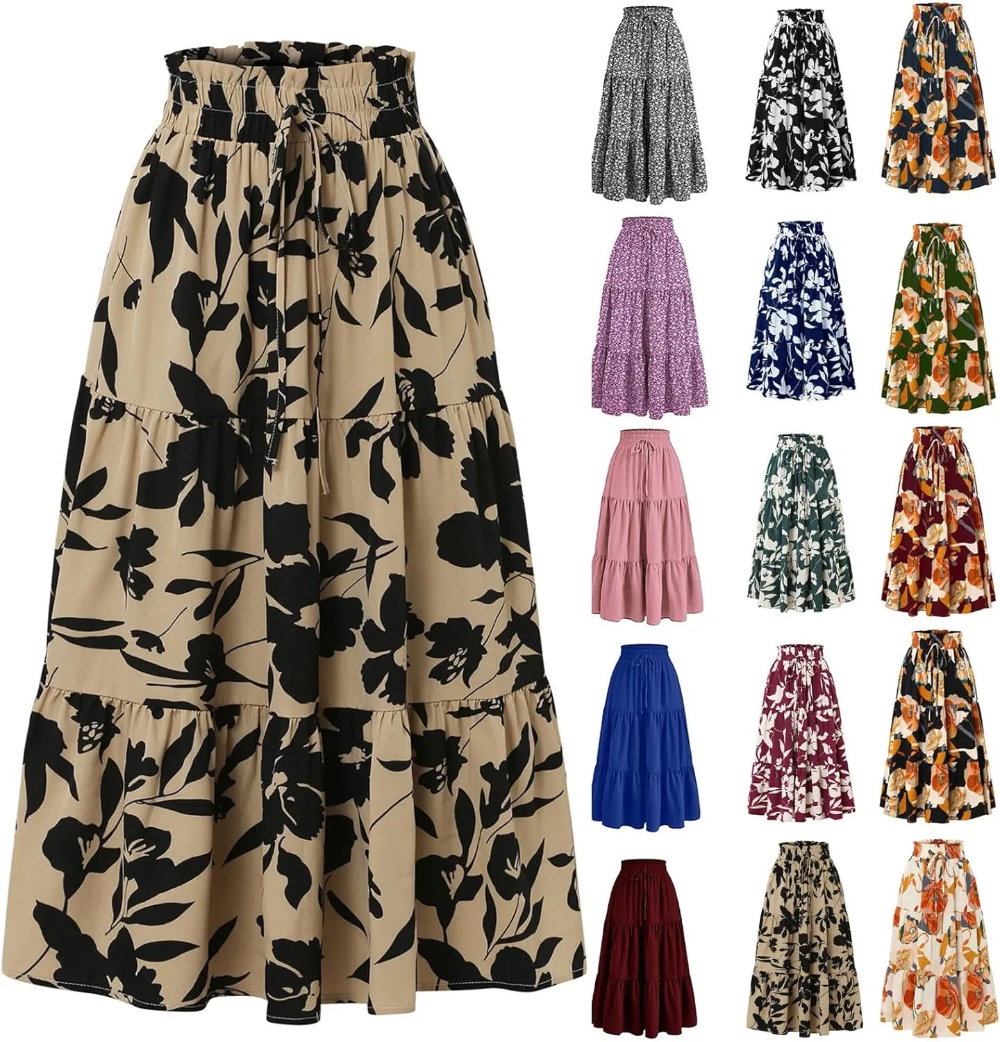 Summer Skirts for Women 2025 Vacation Boho Floral Tiered Maxi Skirt Drawstring High Waisted Flowy Ruffle A Line Skirt