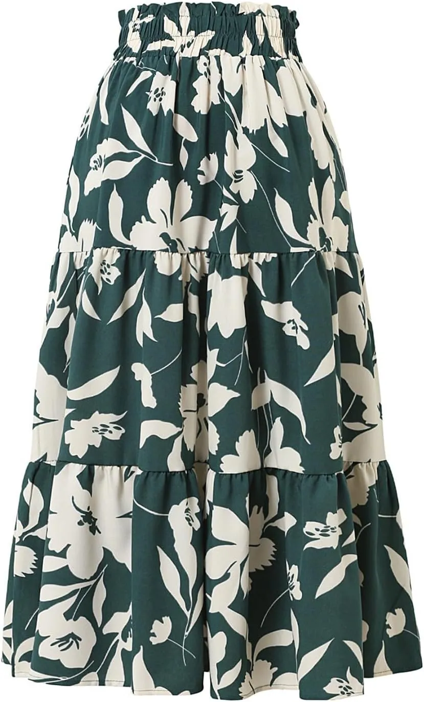 Summer Skirts for Women 2025 Vacation Boho Floral Tiered Maxi Skirt Drawstring High Waisted Flowy Ruffle A Line Skirt