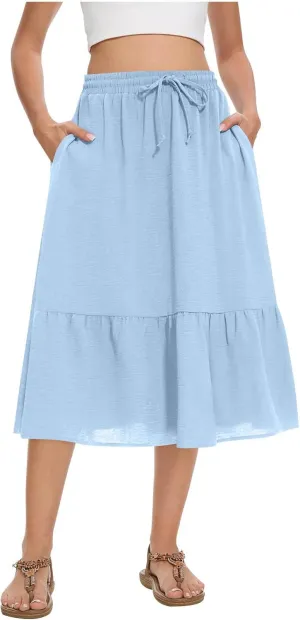 Summer Skirts for Women Trendy with Pockets Drawstring High Waisted Lightweight Casual Tiered Flowy A-Line Midi Skirt