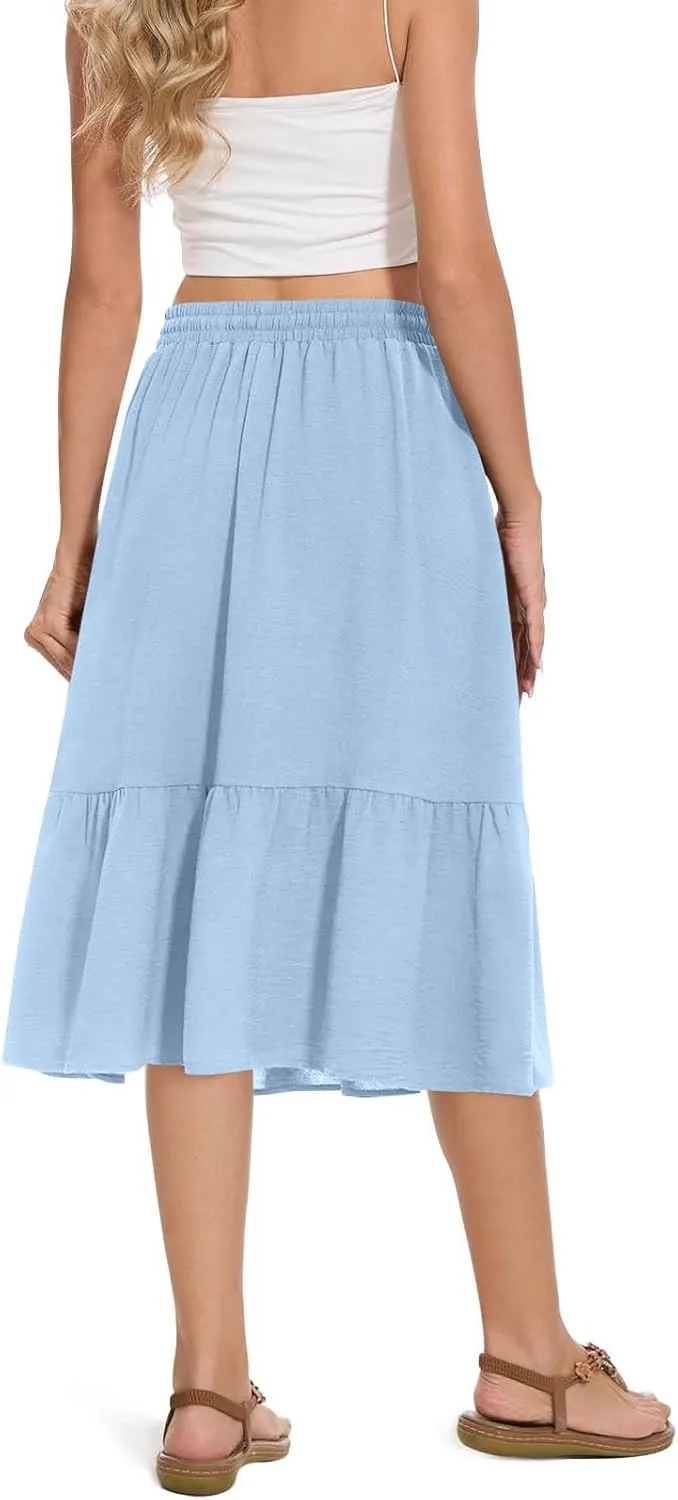 Summer Skirts for Women Trendy with Pockets Drawstring High Waisted Lightweight Casual Tiered Flowy A-Line Midi Skirt