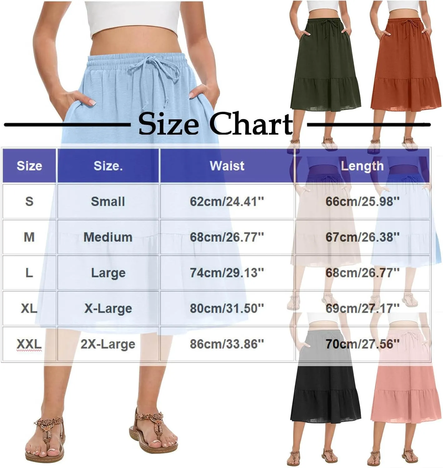 Summer Skirts for Women Trendy with Pockets Drawstring High Waisted Lightweight Casual Tiered Flowy A-Line Midi Skirt