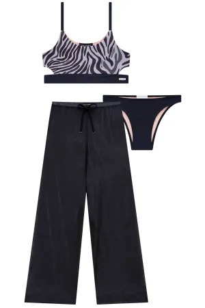 Trio de Biquíni com Calcinha Slim em Malha UV Dry 50  e Calça em Tela Fashion 74214 Vic&Vicky