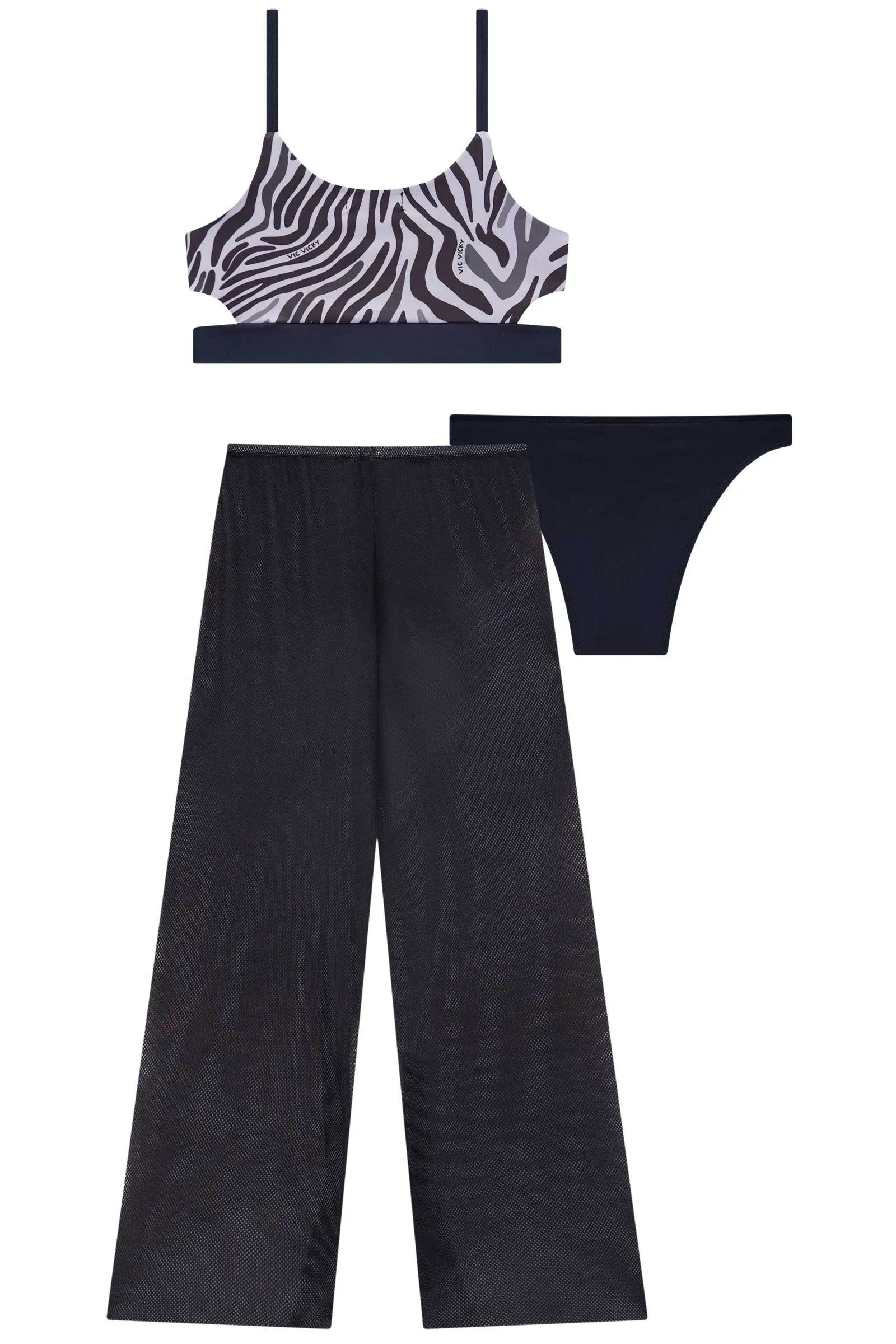 Trio de Biquíni com Calcinha Slim em Malha UV Dry 50  e Calça em Tela Fashion 74214 Vic&Vicky