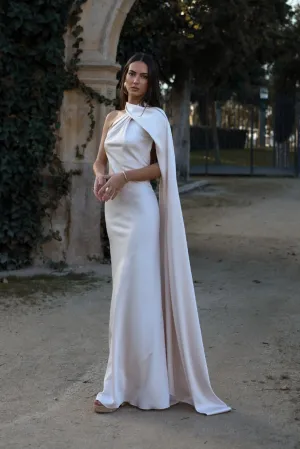 VESTIDO COMPRIDO CRÚ COM CAPA