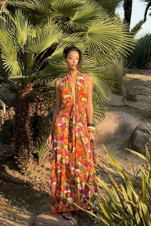 VESTIDO COMPRIDO DE MALHA COM PADRÃO MULTICOLOR