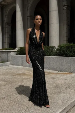 VESTIDO MALHA PADRÃO DOURADO DECOTE CAIDO