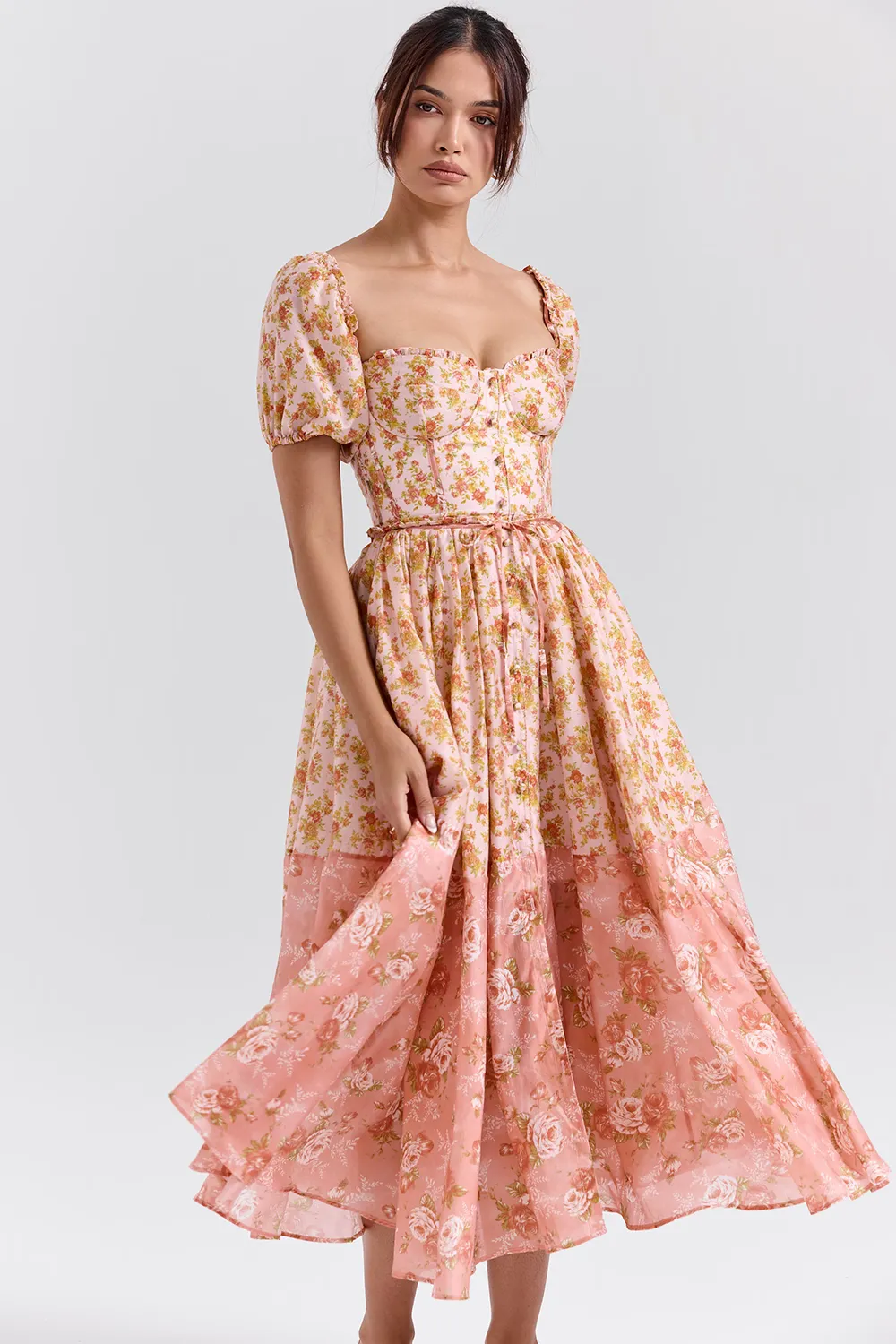 Vestido Midi Manga Bufante Bicolor Floral Pêssego Modelo Penelope