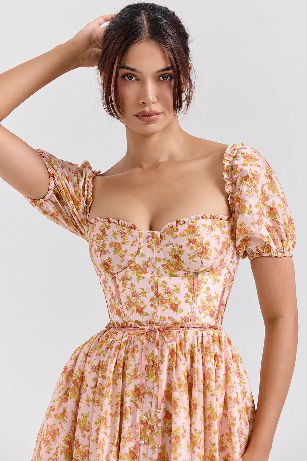 Vestido Midi Manga Bufante Bicolor Floral Pêssego Modelo Penelope