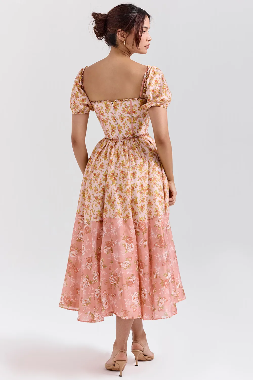 Vestido Midi Manga Bufante Bicolor Floral Pêssego Modelo Penelope