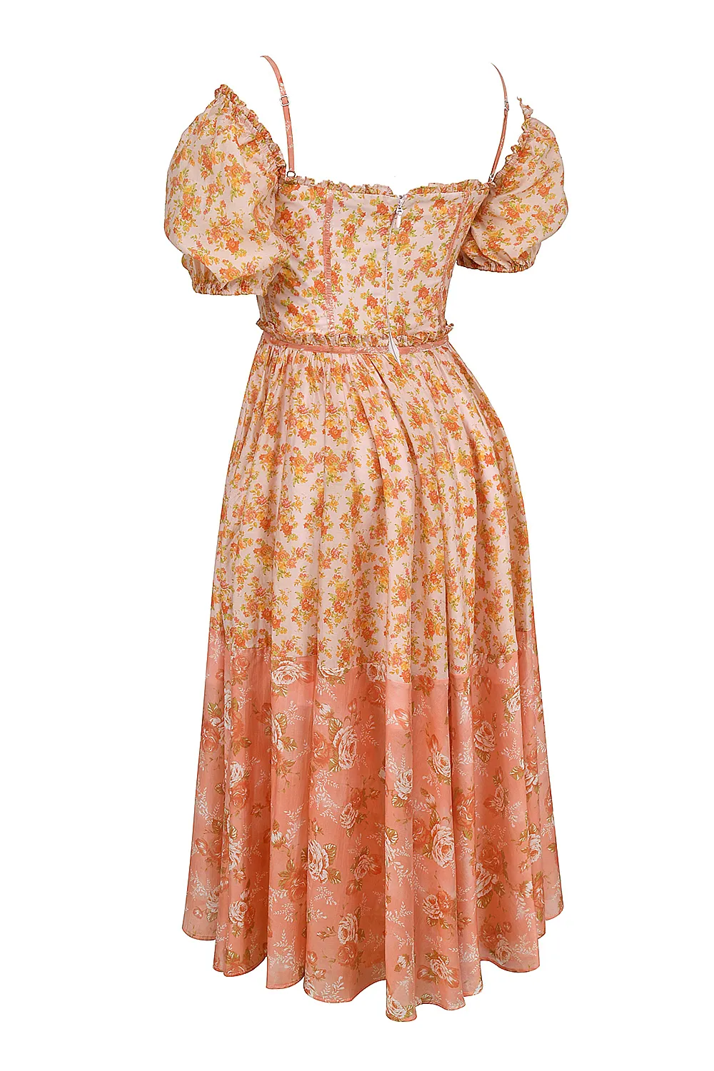 Vestido Midi Manga Bufante Bicolor Floral Pêssego Modelo Penelope