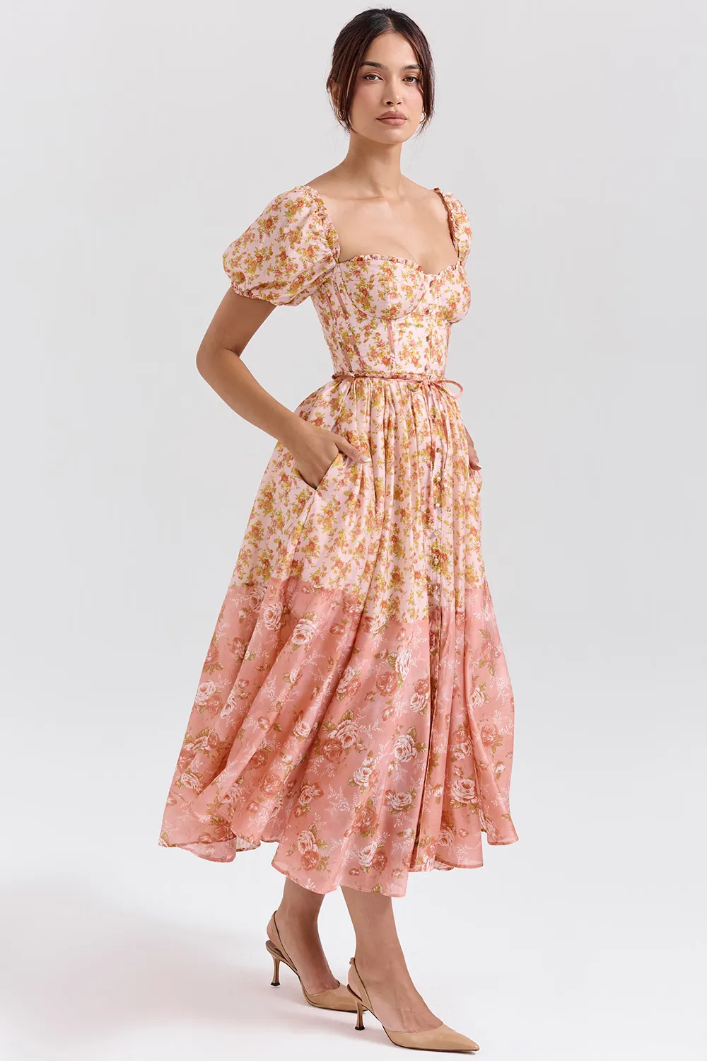 Vestido Midi Manga Bufante Bicolor Floral Pêssego Modelo Penelope