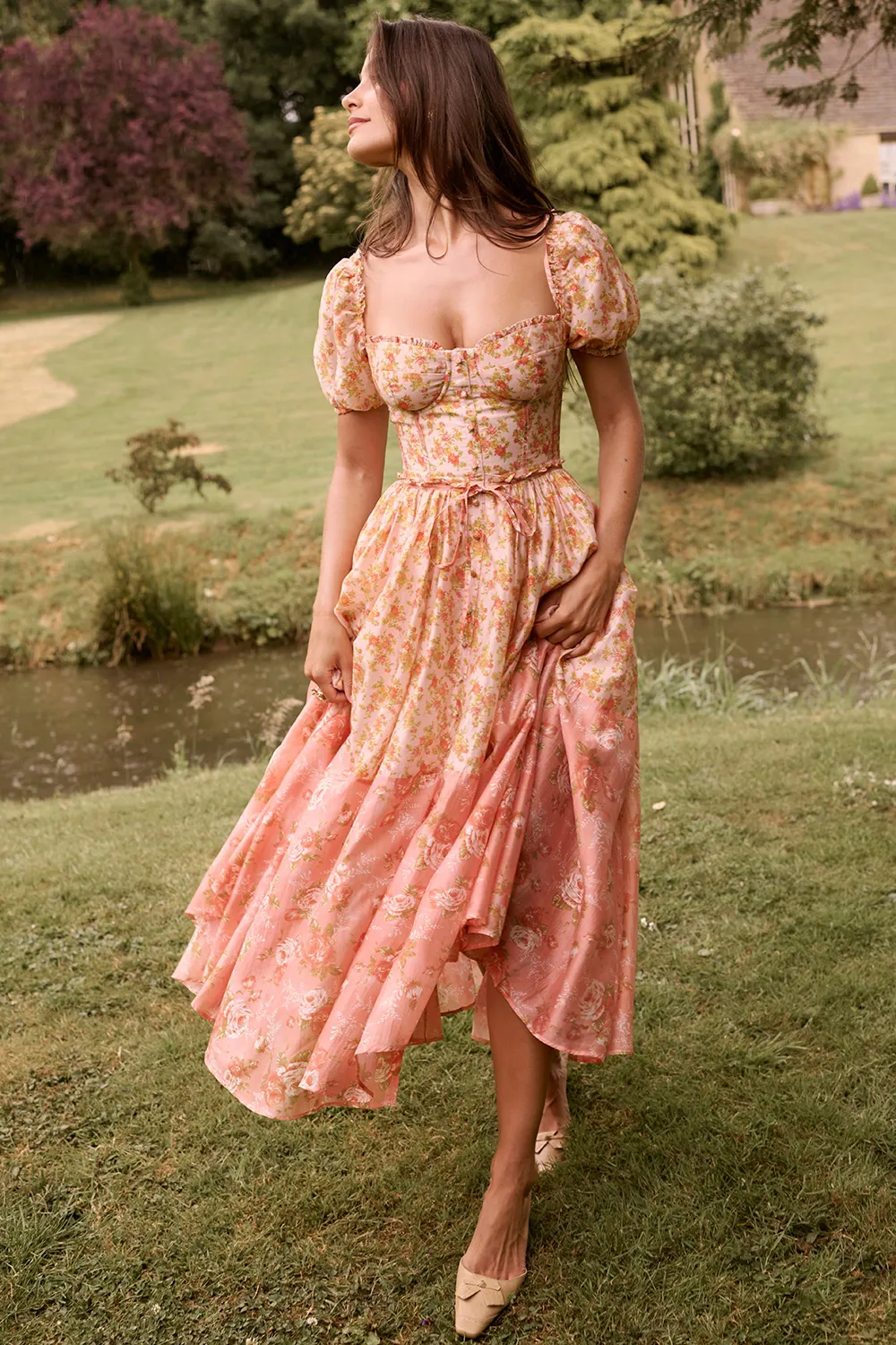 Vestido Midi Manga Bufante Bicolor Floral Pêssego Modelo Penelope