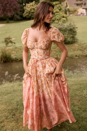 Vestido Midi Manga Bufante Bicolor Floral Pêssego Modelo Penelope