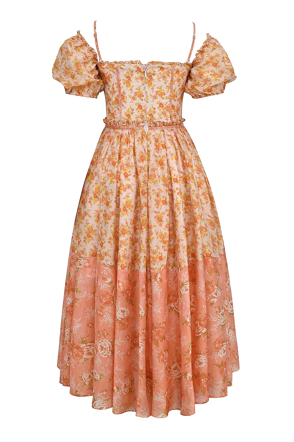 Vestido Midi Manga Bufante Bicolor Floral Pêssego Modelo Penelope