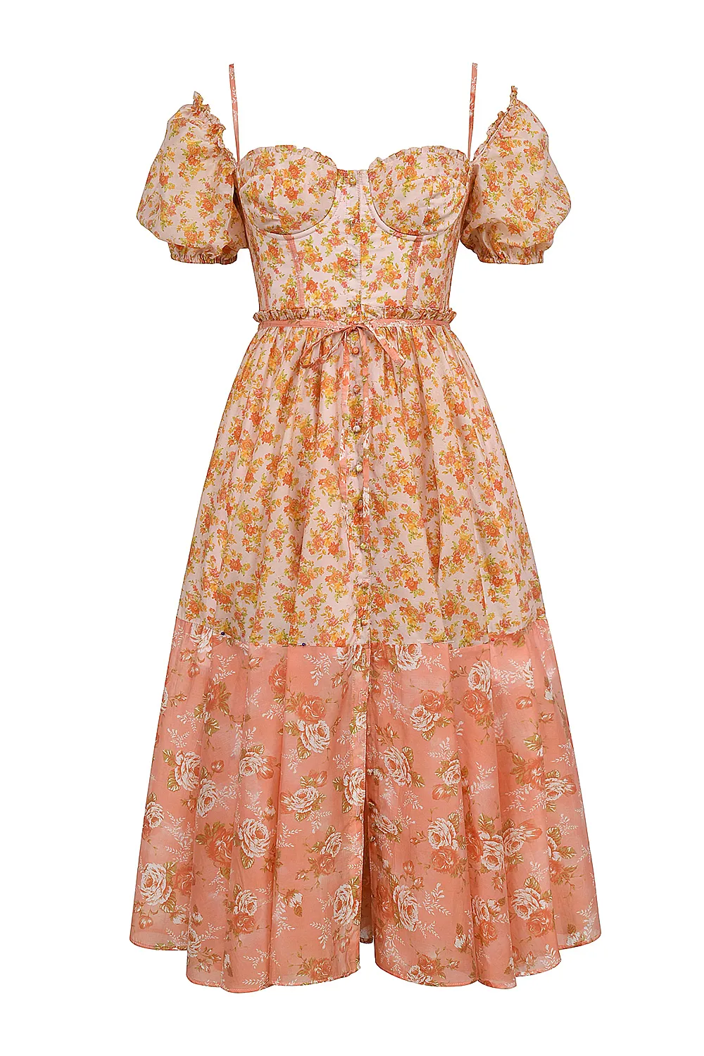 Vestido Midi Manga Bufante Bicolor Floral Pêssego Modelo Penelope